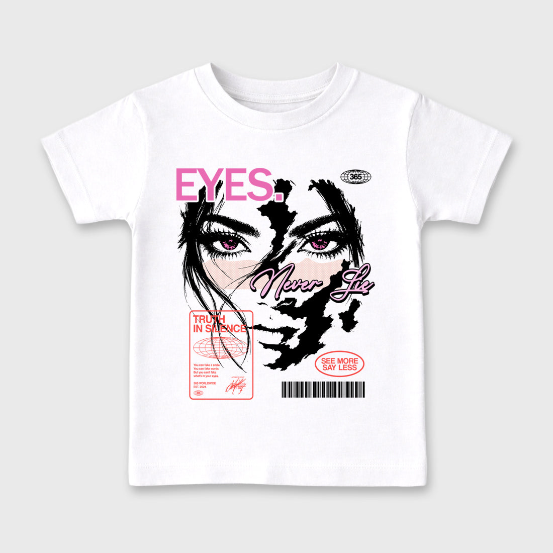 Eyes Never Lie Baby & Kids Graphic T-Shirt featuring original artwork designed to match the Air Jordan 6 Playful Pink. White 2 Kids Graphic Tee.