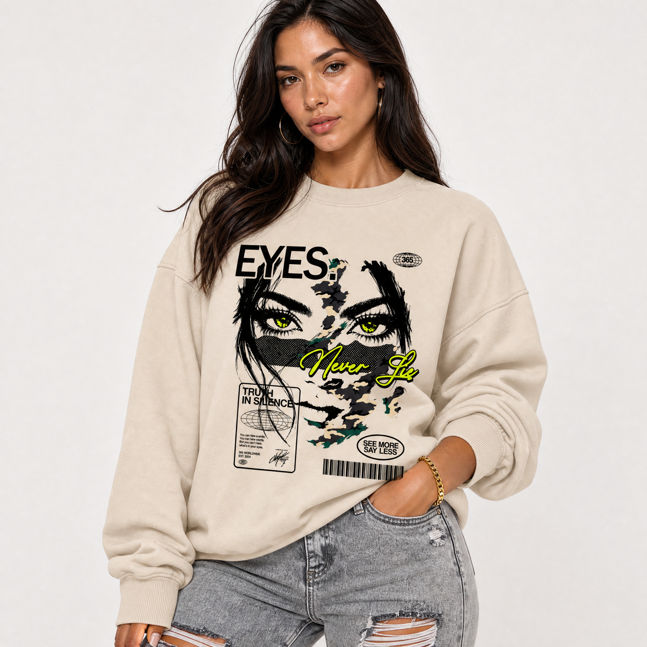 eyes never lie graphic sweatshirts model shoot