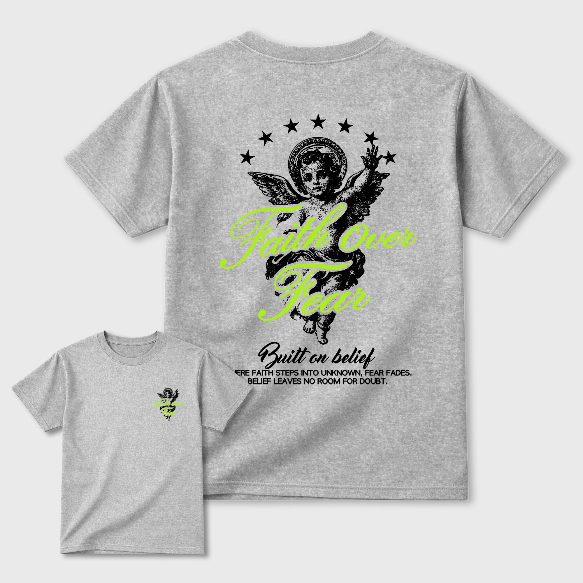 Faith Over Fear sneaker match t-shirt styled to complete your fit with the Air Max 90 Neon Yellow sneakers, Front and Back Graphic Tee