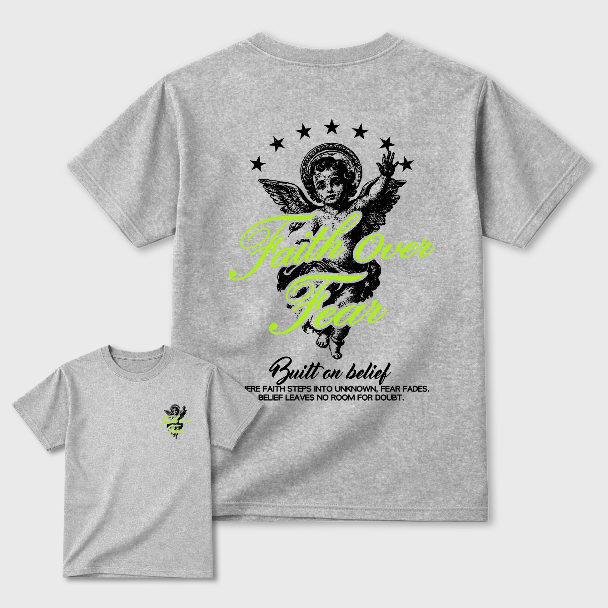 Faith Over Fear sneaker match t-shirt styled to complete your fit with the Air Max 90 Neon Yellow sneakers, Front and Back Graphic Tee
