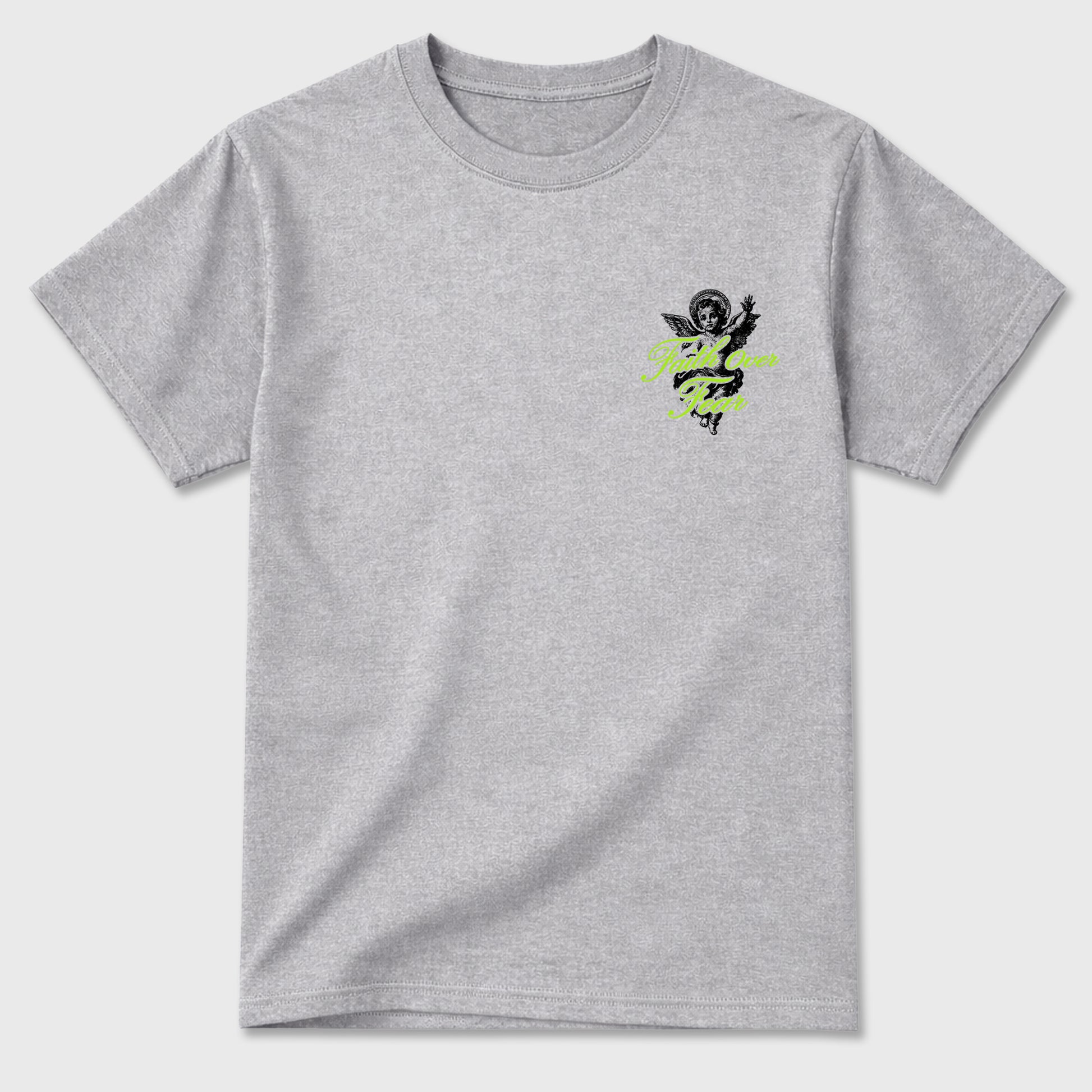 Faith Over Fear sneaker match t-shirt styled to complete your fit with the Air Max 90 Neon Yellow sneakers, Front and Back Graphic Tee