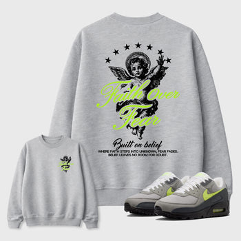 Faith Over Fear sneaker match t-shirt styled to complete your fit with the Air Max 90 Neon Yellow sneakers, Front and Back Graphic Tee