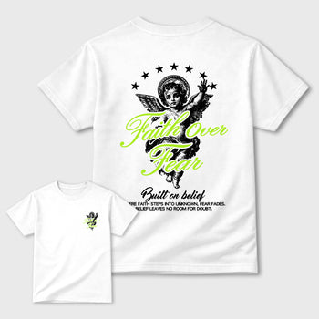 Faith Over Fear sneaker match t-shirt styled to complete your fit with the Air Max 90 Neon Yellow sneakers, Front and Back Graphic Tee