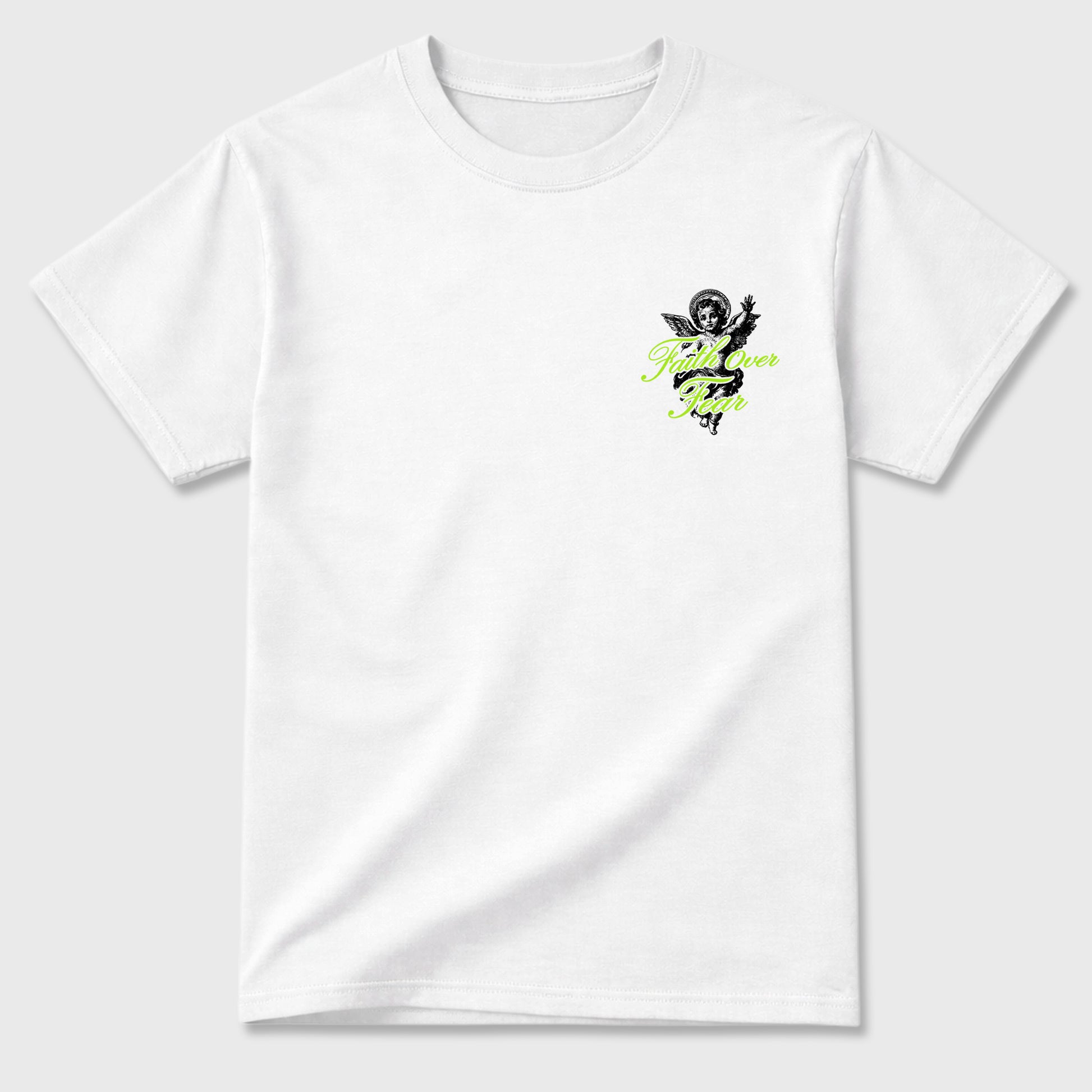 Faith Over Fear sneaker match t-shirt styled to complete your fit with the Air Max 90 Neon Yellow sneakers, Front and Back Graphic Tee
