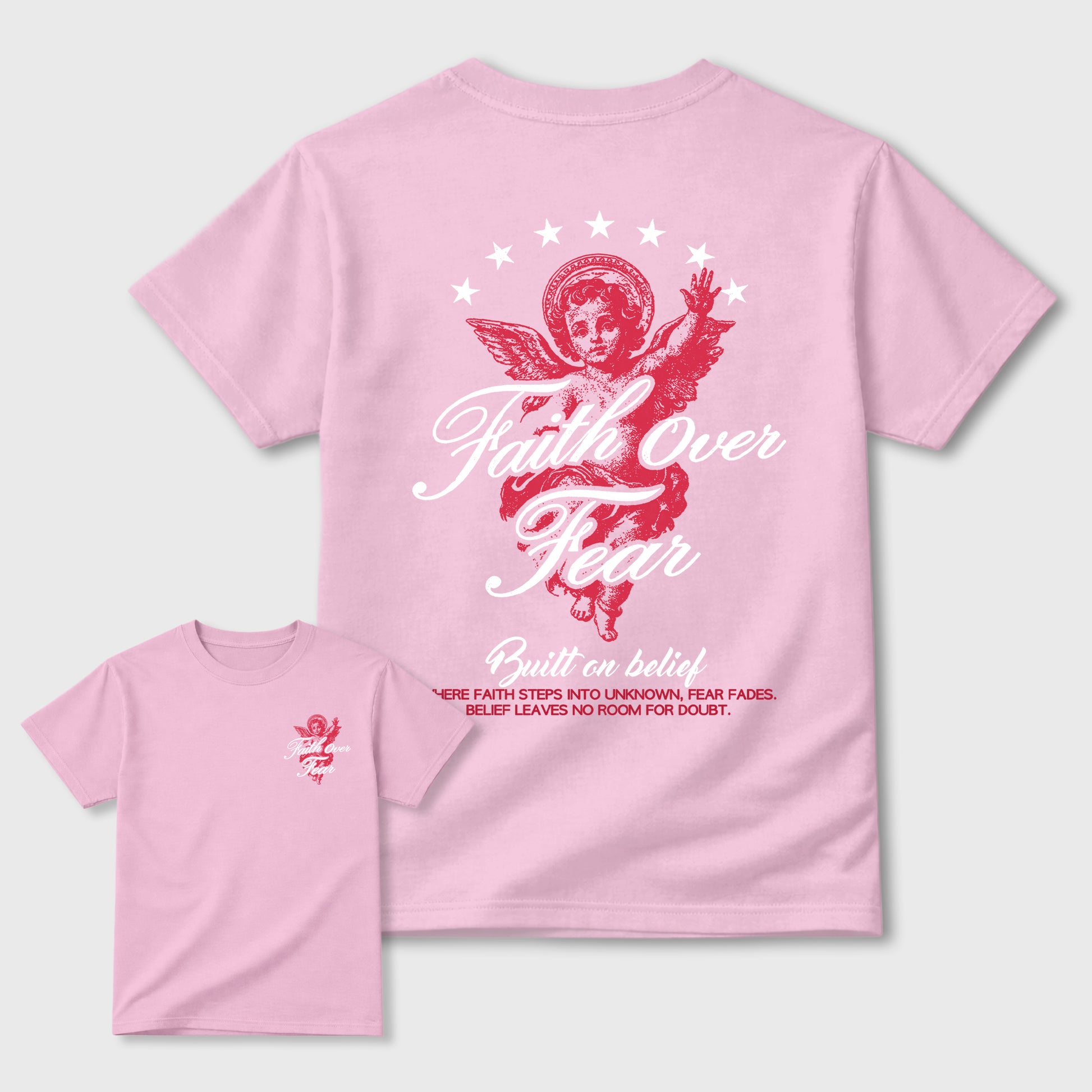 Faith Over Fear Graphic T-Shirt sneaker match tee designed for the Jordan 1 Low x Travis Scott Trpical Pink, featuring coordinated color options for a perfect streetwear match. Pink shirt.