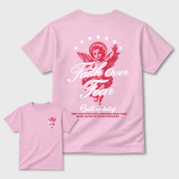 Faith Over Fear Graphic T-Shirt sneaker match tee designed for the Jordan 1 Low x Travis Scott Trpical Pink, featuring coordinated color options for a perfect streetwear match. Pink shirt.