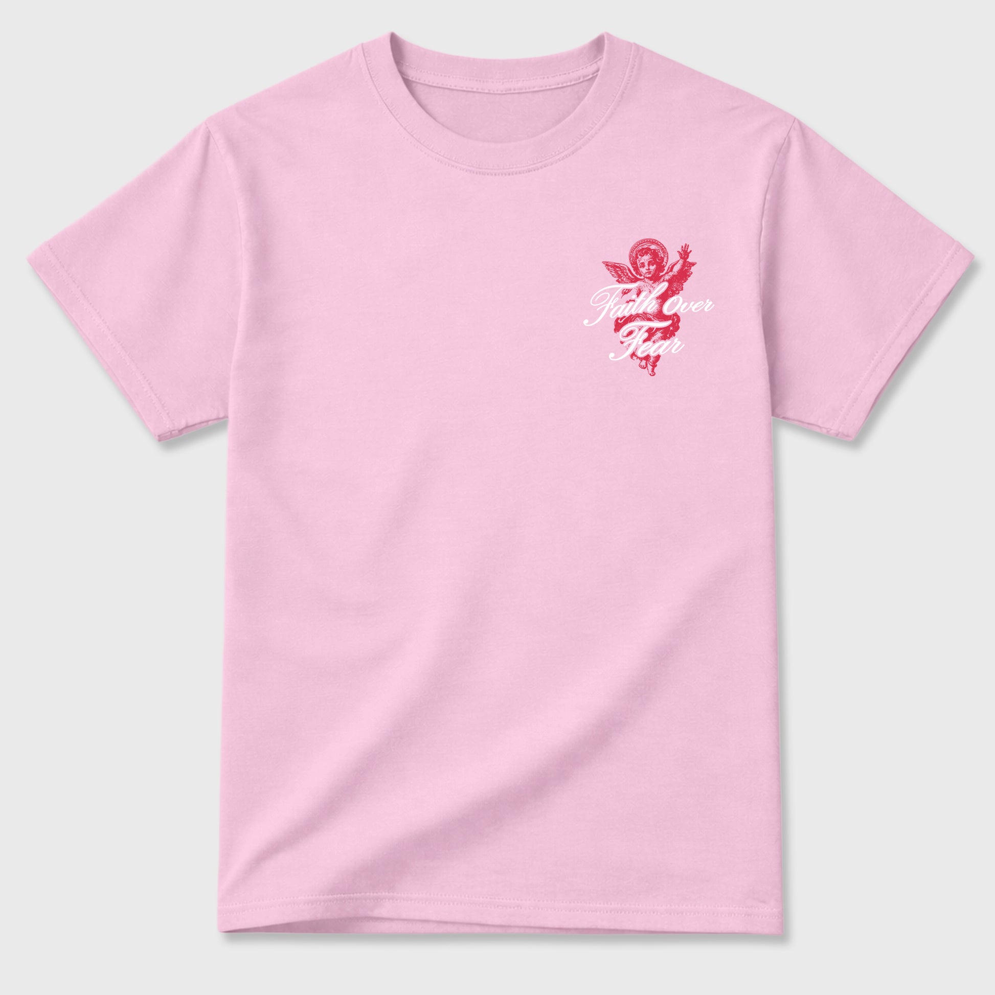 Faith Over Fear Graphic T-Shirt sneaker match tee designed for the Jordan 1 Low x Travis Scott Trpical Pink, featuring coordinated color options for a perfect streetwear match. Pink shirt.