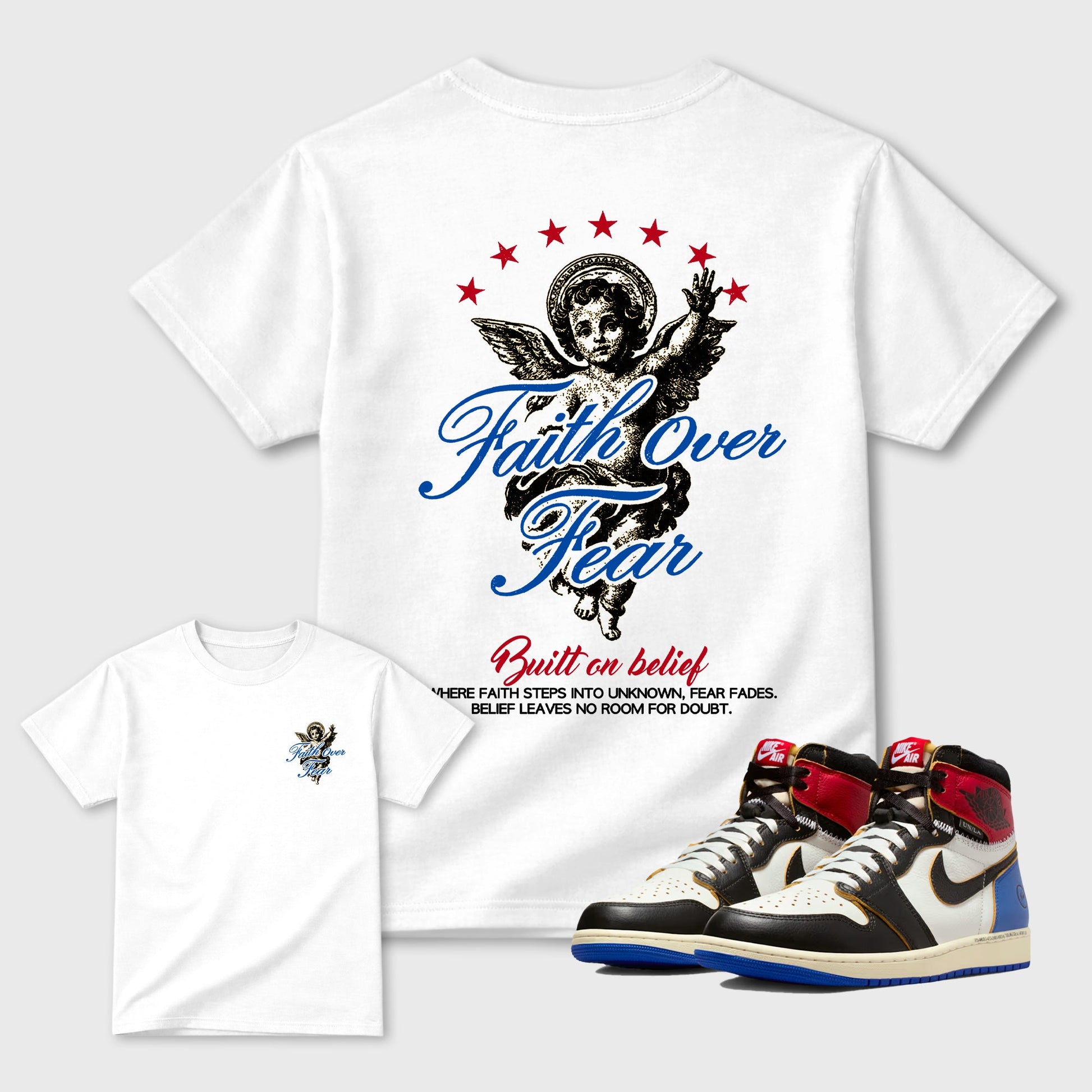 Faith Over Fear sneaker match t-shirt styled to complete your fit with the Air Jordan 1 Union x Fragment sneakers, shown in White.