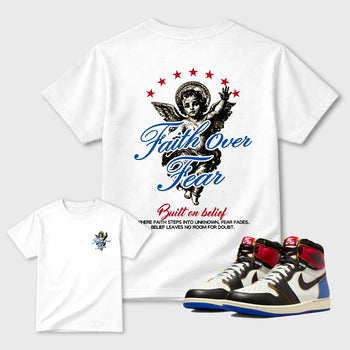 Faith Over Fear sneaker match t-shirt styled to complete your fit with the Air Jordan 1 Union x Fragment sneakers, shown in White.
