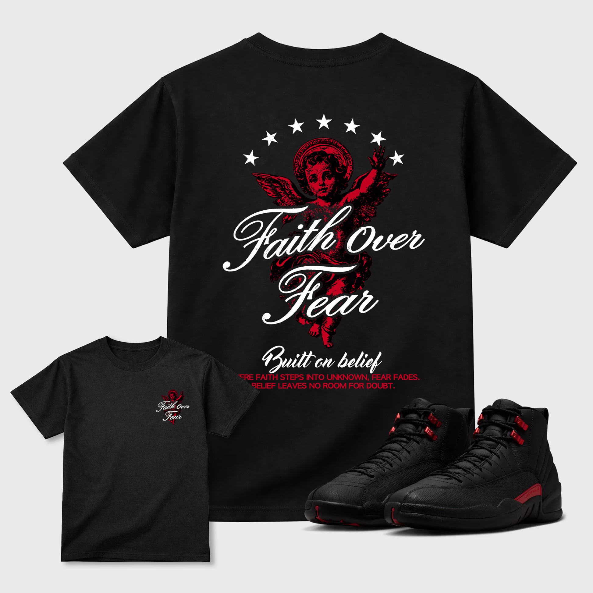 Faith Over Fear Graphic T-Shirt sneaker match tee designed for the Air Jordan 12 Bloodline sneakers, featuring coordinated color options for a perfect streetwear match. Black shirt.