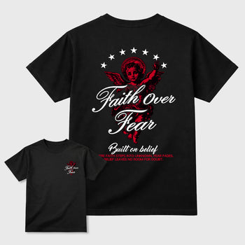 Faith Over Fear Graphic T-Shirt sneaker match tee designed for the Jordan 12 Bloodline, featuring coordinated color options for a perfect streetwear match. Black shirt.