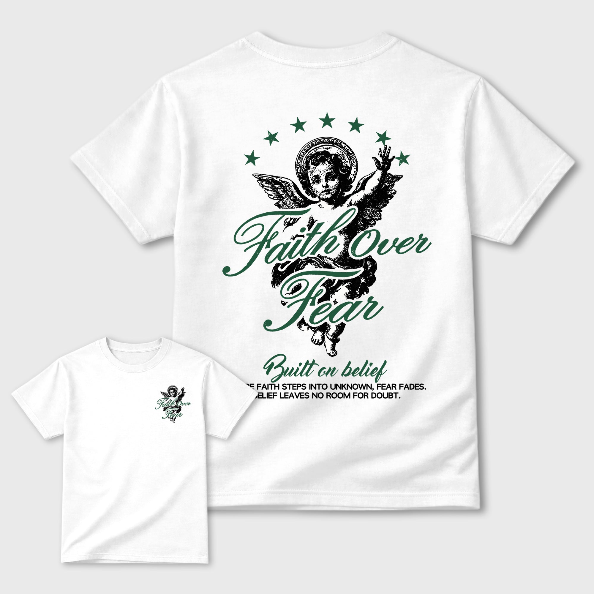 Faith Over Fear White Graphic T-Shirt - 3, sneaker matching shirt designed to pair with Air Jordan 12 Bucks sneakers for a coordinated streetwear outfit.