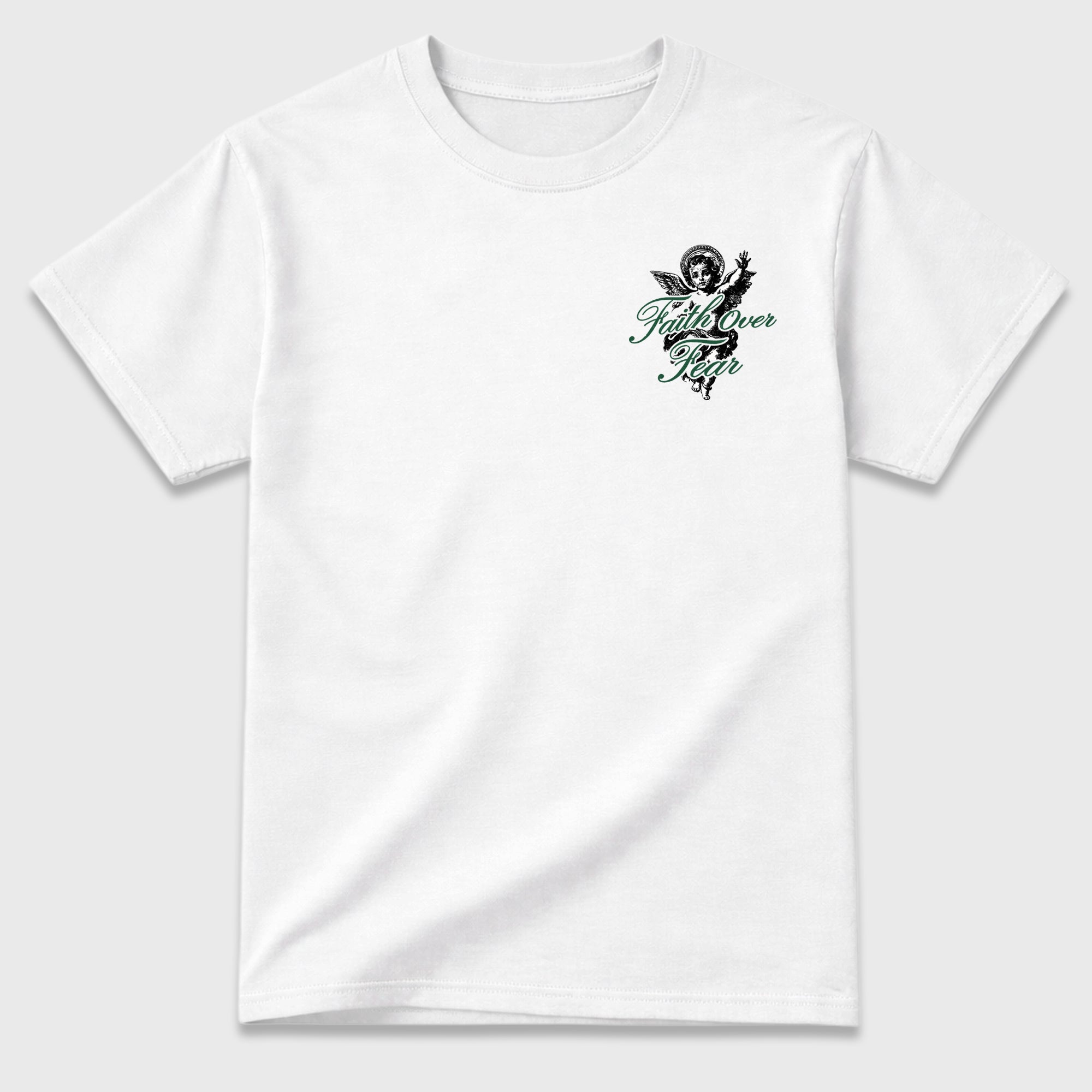 Faith Over Fear White Graphic T-Shirt - 3, sneaker matching shirt designed to pair with Air Jordan 12 Bucks sneakers for a coordinated streetwear outfit.