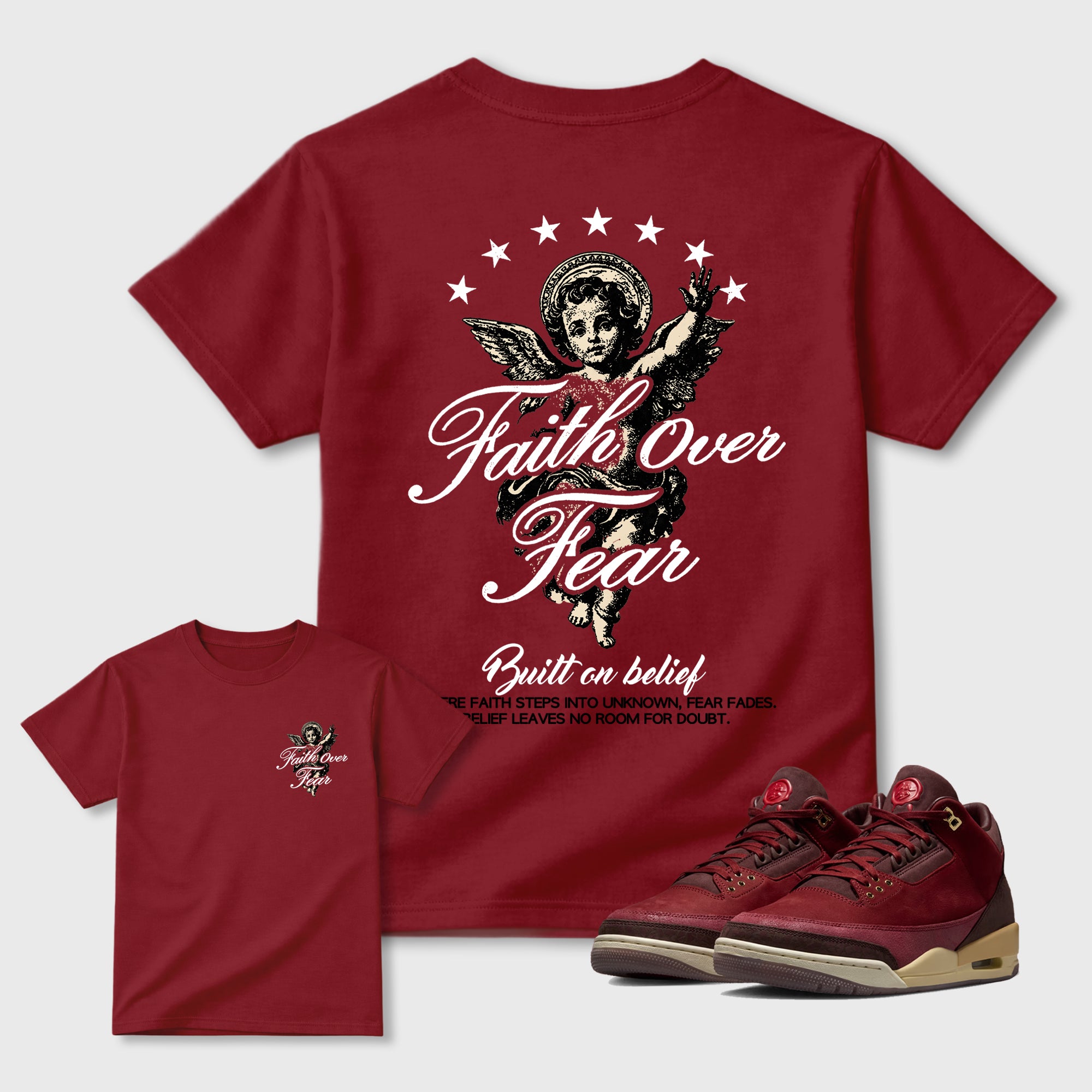 Faith Over Fear Graphic T-Shirt sneaker match tee designed for the Air Jordan 3 Bin 23 sneakers, featuring coordinated color options for a perfect streetwear match. Cardinal shirt.