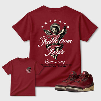 Faith Over Fear Graphic T-Shirt sneaker match tee designed for the Air Jordan 3 Bin 23 sneakers, featuring coordinated color options for a perfect streetwear match. Cardinal shirt.
