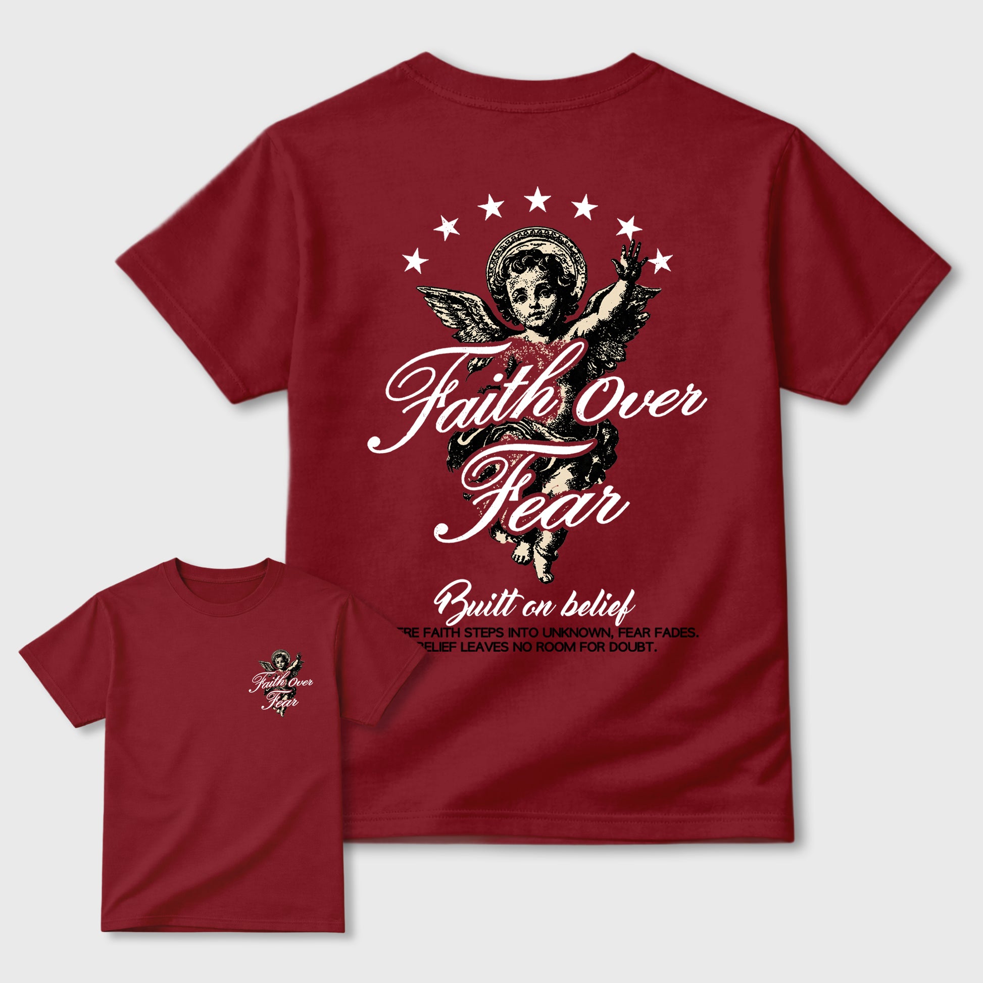 Faith Over Fear Graphic T-Shirt sneaker match tee designed for the 3s Burgundy Crush, featuring coordinated color options for a perfect streetwear match. Cardinal shirt.