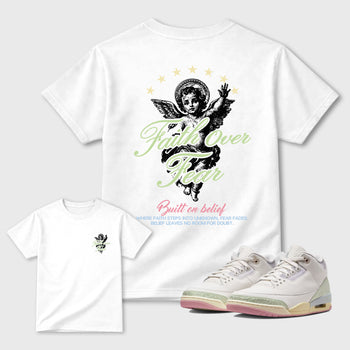 Faith Over Fear sneaker match t-shirt styled to complete your fit with the Air Jordan 3 Jade Aura sneakers, double side graphic tee.