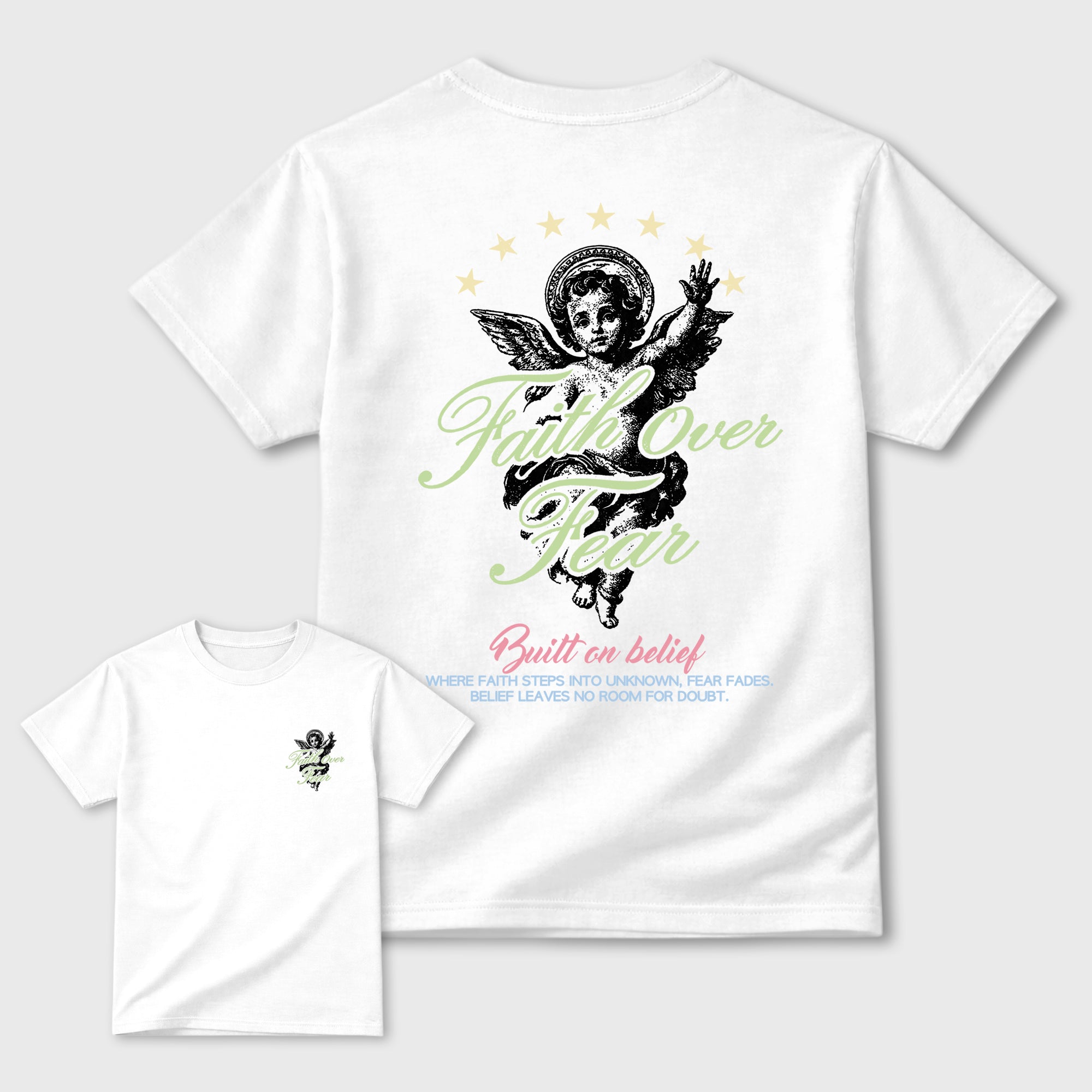 Faith Over Fear sneaker match t-shirt styled to complete your fit with the Air Jordan 3 Jade Aura sneakers, double side graphic tee.
