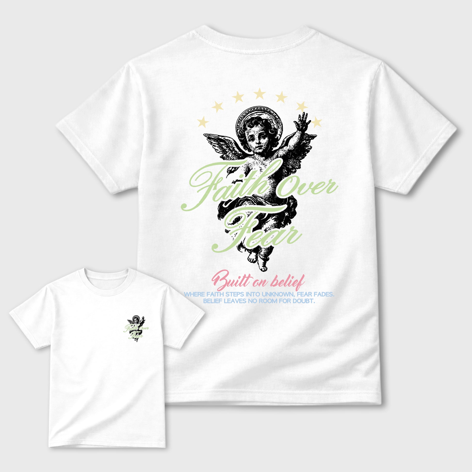 Faith Over Fear sneaker match t-shirt styled to complete your fit with the Air Jordan 3 Jade Aura sneakers, double side graphic tee.
