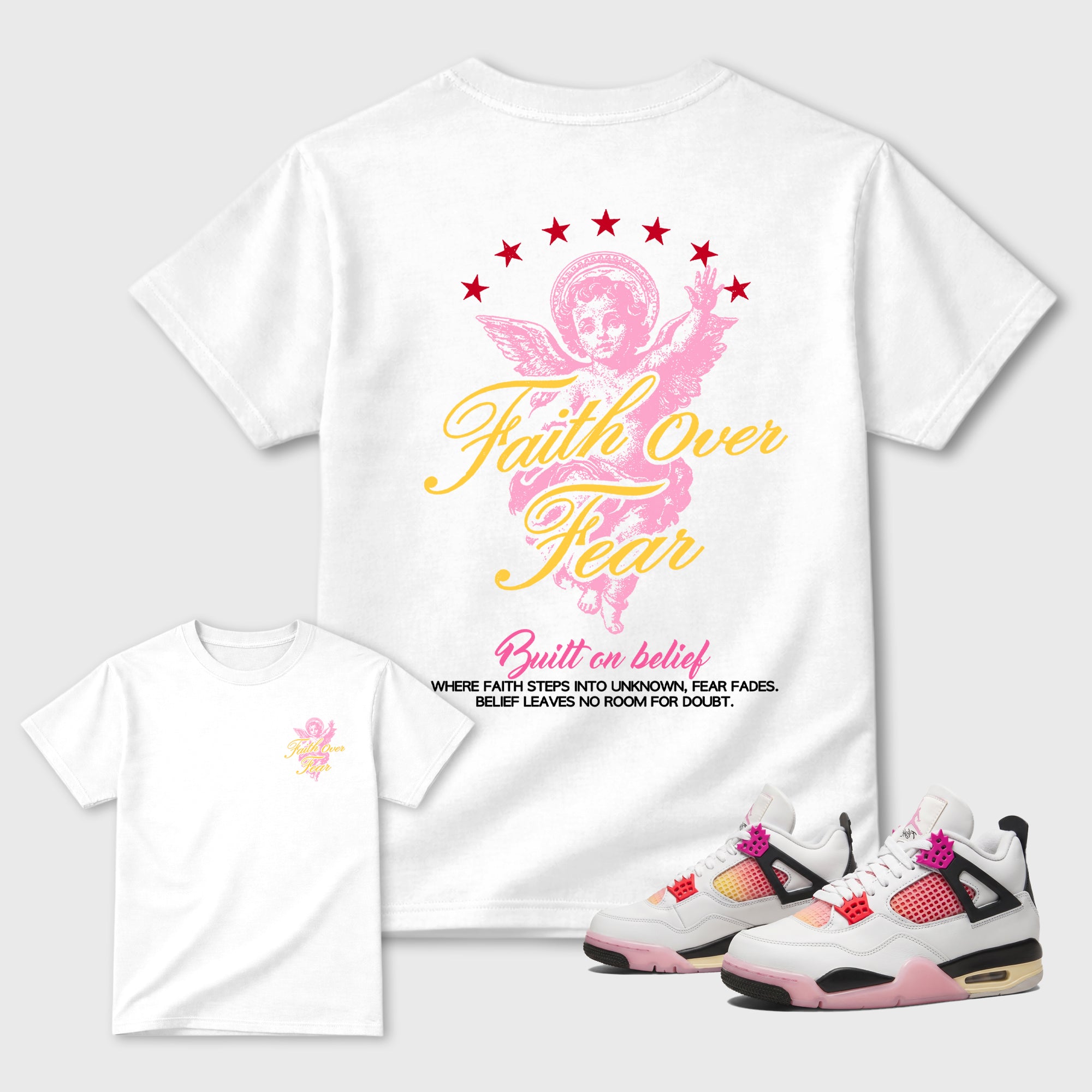 Faith Over Fear Graphic T-Shirt featuring original streetwear artwork designed to match the Air Jordan 4 Comic. White Graphic T-Shirt.