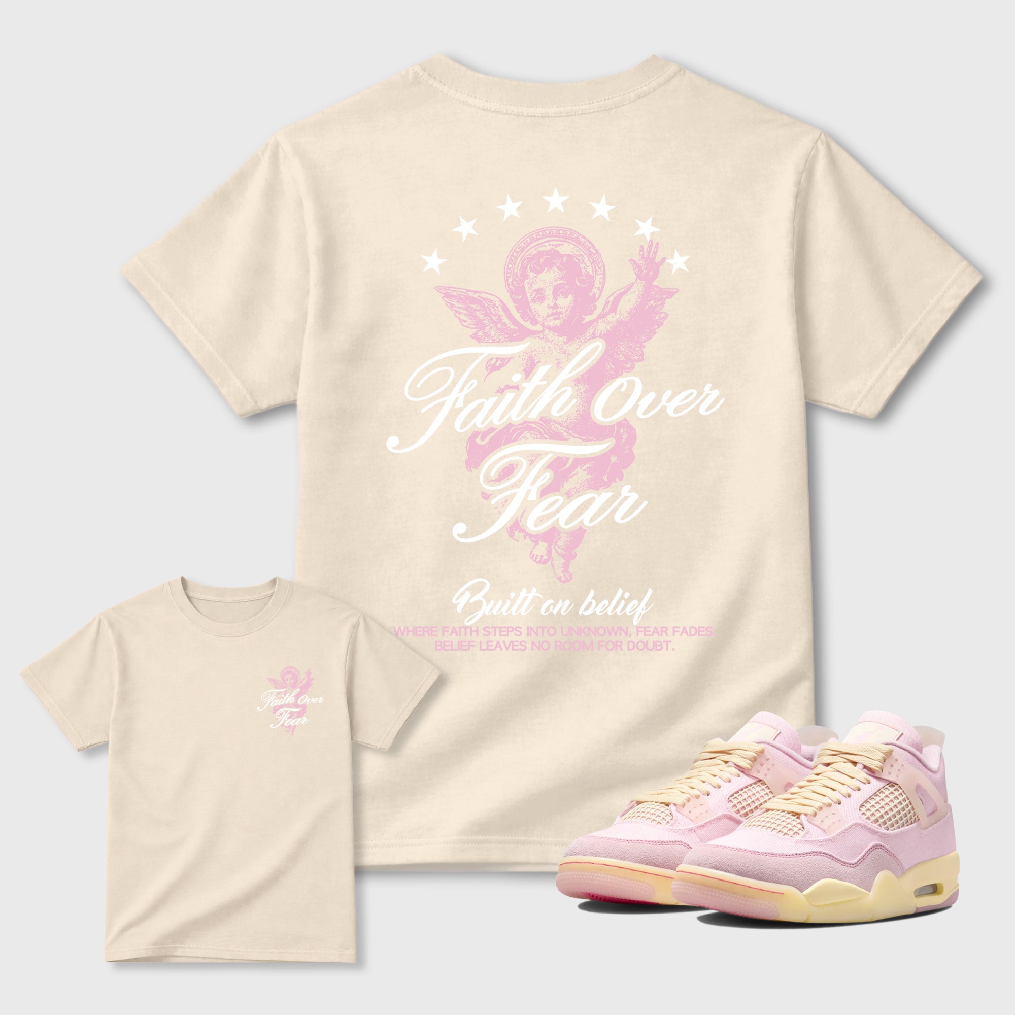 Faith Over Fear front and back graphic t-shirt styled to complete your outfit with the4s Iced Carmine, shown in Natural.