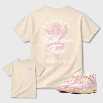 Faith Over Fear front and back graphic t-shirt styled to complete your outfit with the4s Iced Carmine, shown in Natural.