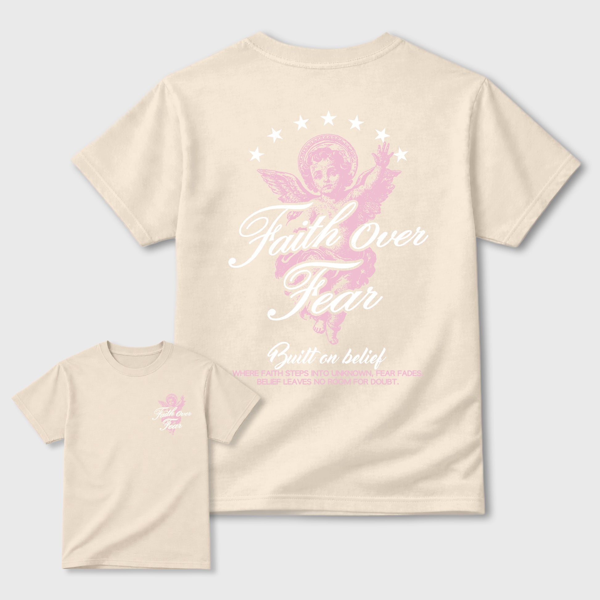 Faith Over Fear front and back graphic t-shirt styled to complete your outfit with the4s Iced Carmine, shown in Natural.