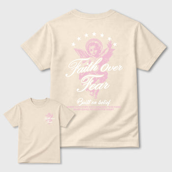 Faith Over Fear front and back graphic t-shirt styled to complete your outfit with the4s Iced Carmine, shown in Natural.