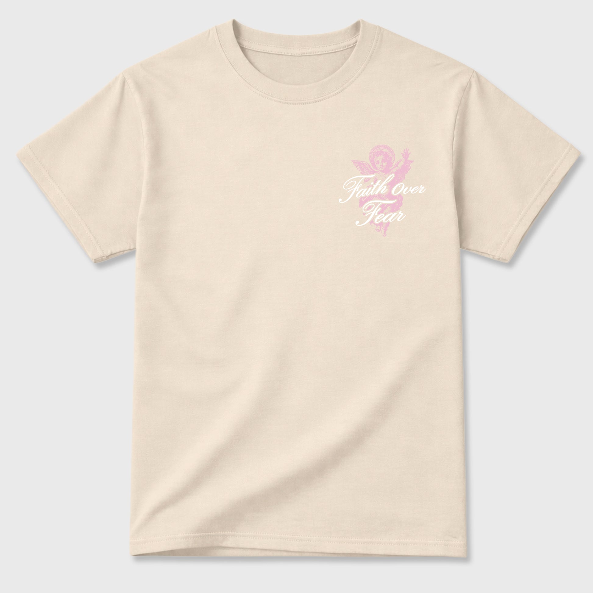 Faith Over Fear front and back graphic t-shirt styled to complete your outfit with the4s Iced Carmine, shown in Natural.
