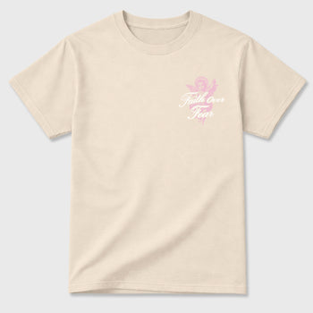 Faith Over Fear front and back graphic t-shirt styled to complete your outfit with the4s Iced Carmine, shown in Natural.