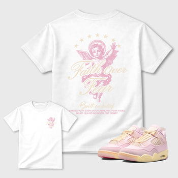 Faith Over Fear front and back graphic t-shirt styled to complete your outfit with theAir Jordan 4 Iced Carmine sneakers, shown in White.
