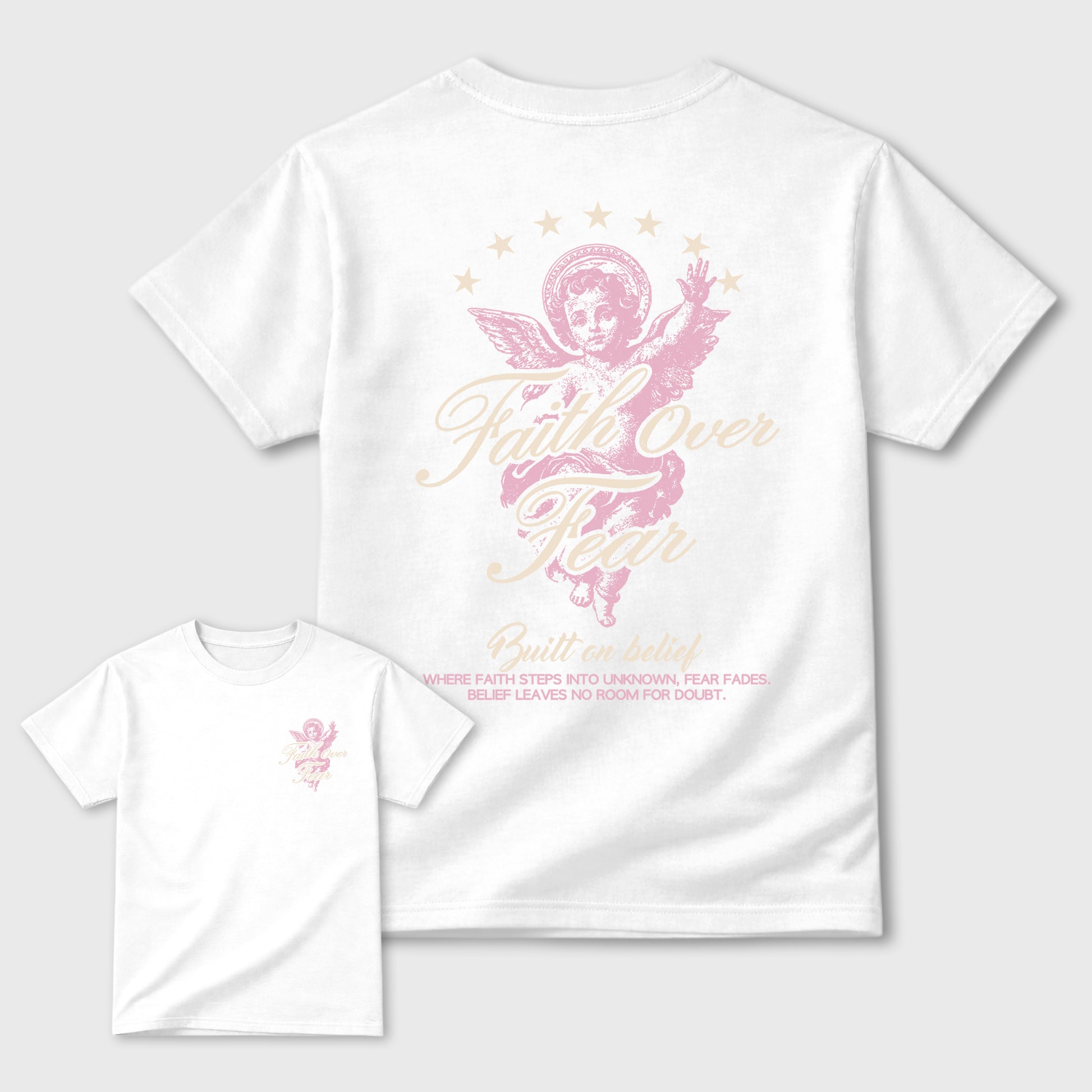 Faith Over Fear front and back graphic t-shirt styled to complete your outfit with the4s Iced Carmine, shown in White.