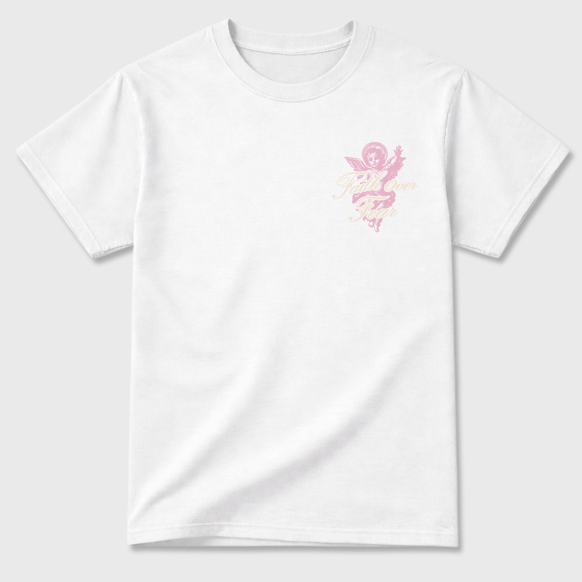 Faith Over Fear front and back graphic t-shirt styled to complete your outfit with the4s Iced Carmine, shown in White.