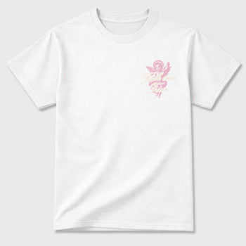 Faith Over Fear front and back graphic t-shirt styled to complete your outfit with the4s Iced Carmine, shown in White.