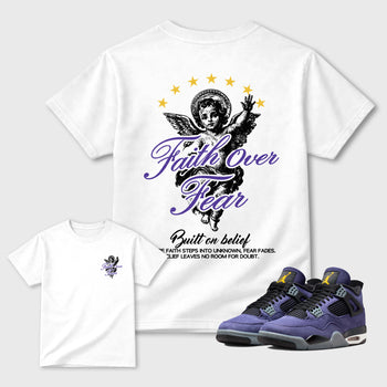 Faith Over Fear sneaker match t-shirt styled to complete your fit with the Air Jordan 4 Lakeshow sneakers, shown in White.