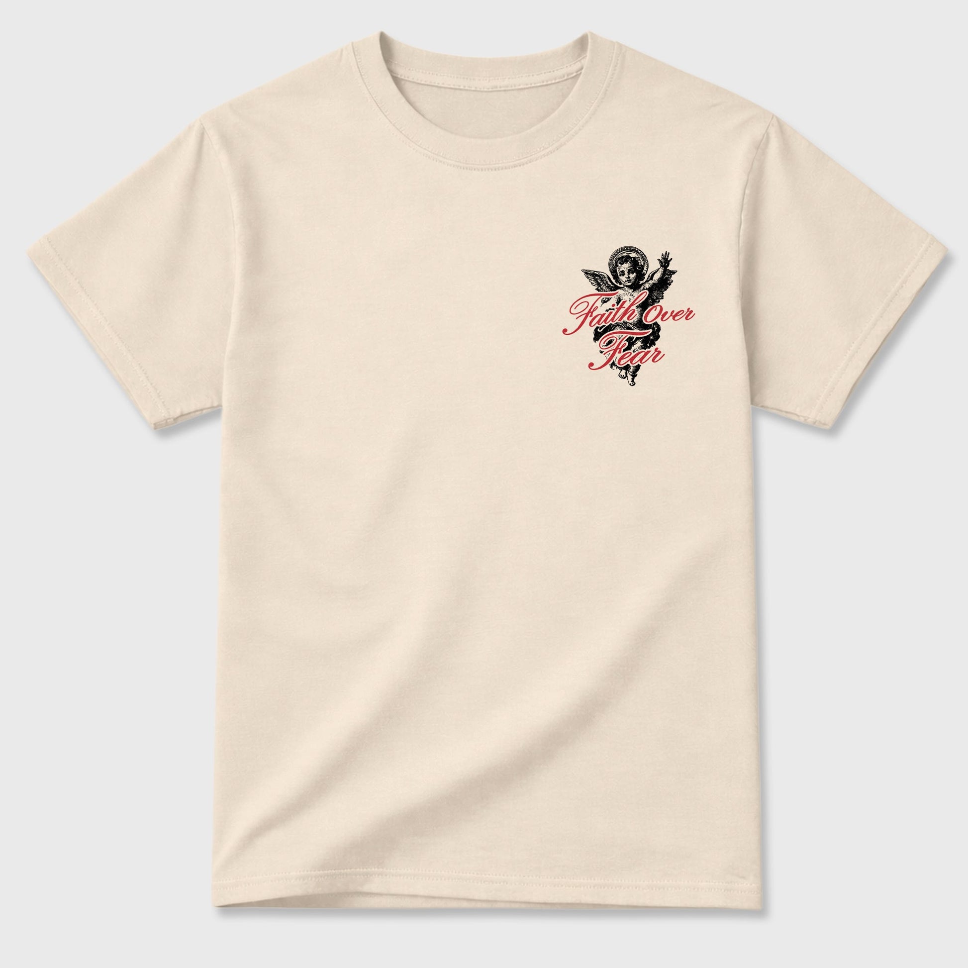 Faith Over Fear sneaker match t-shirt styled to complete your fit with the Air Jordan 4 Valentines Day sneakers, shown in Natural.