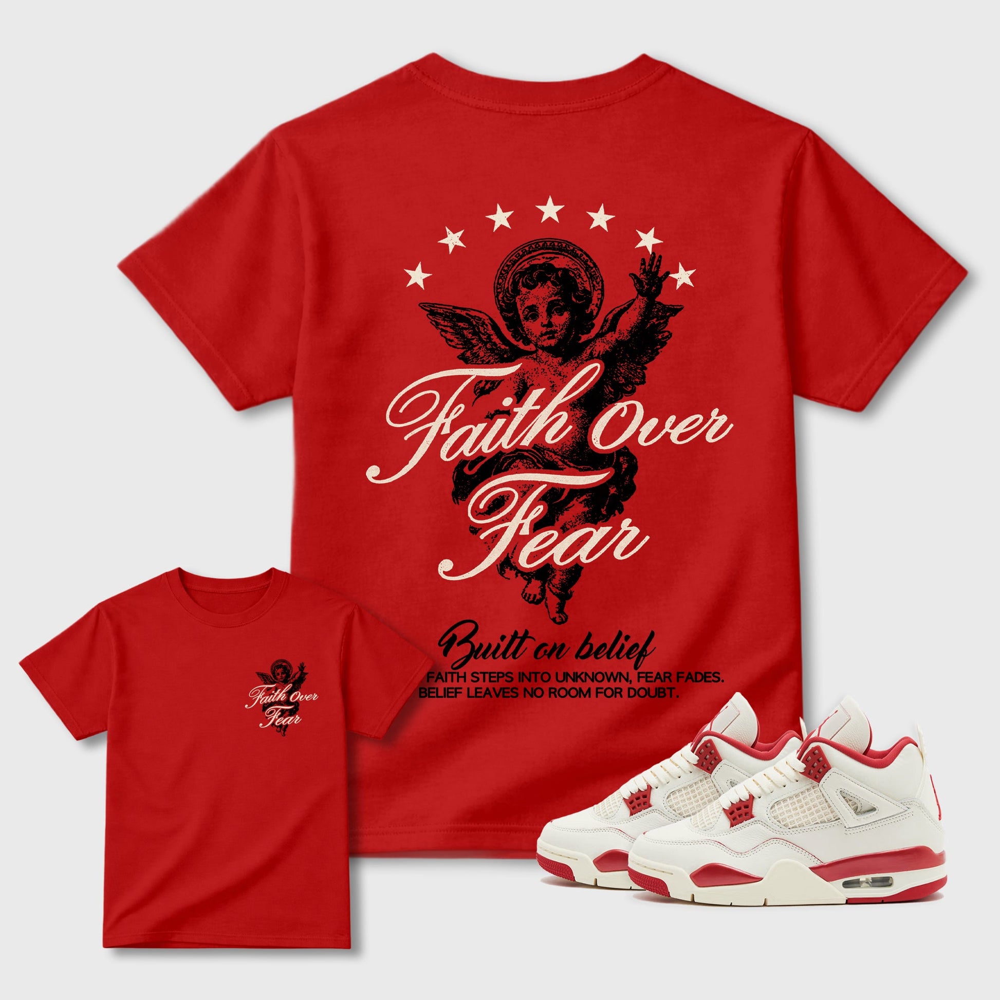 Faith Over Fear sneaker match t-shirt styled to complete your fit with the sneakers, shown in Red.
