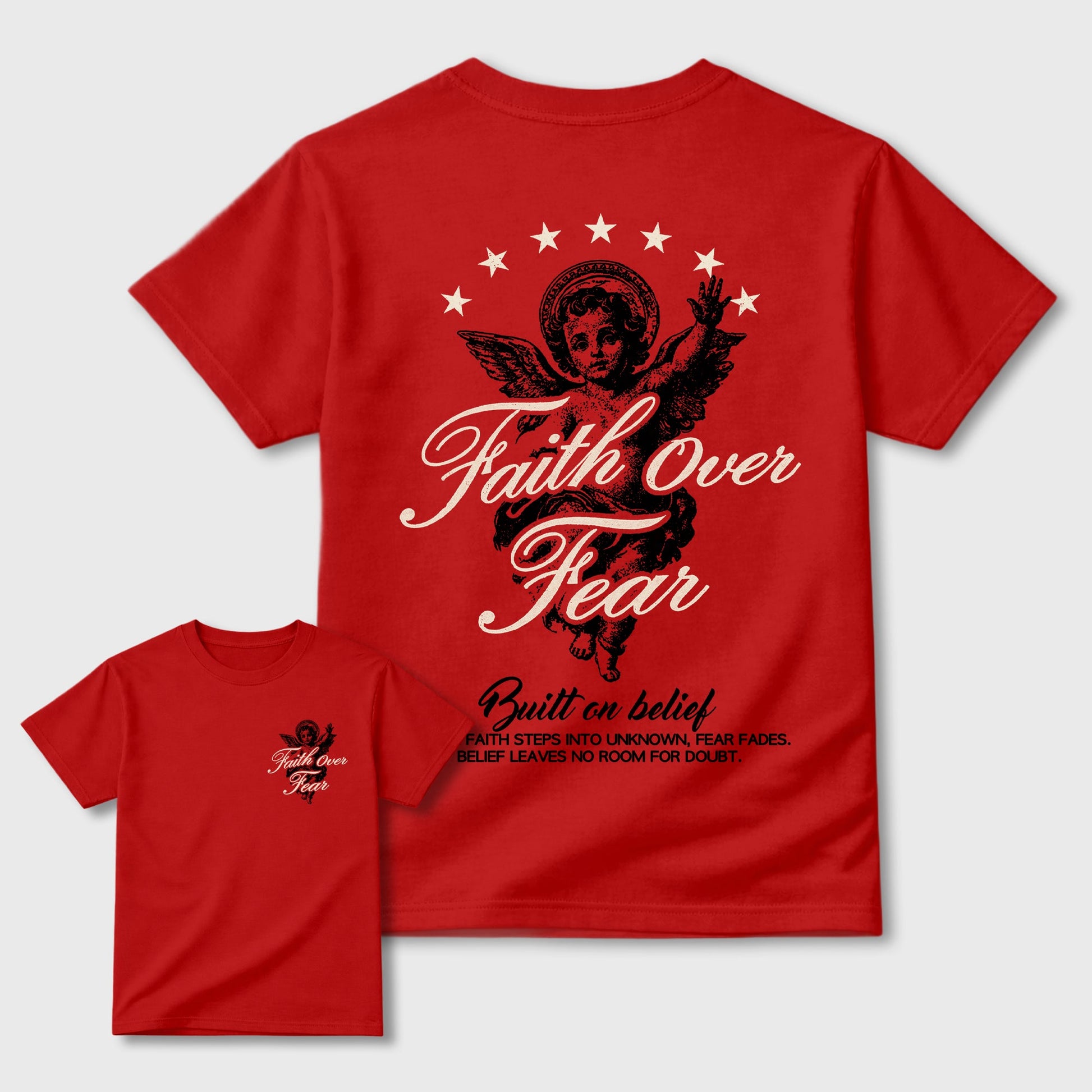 Faith Over Fear sneaker match t-shirt styled to complete your fit with the sneakers, shown in Red.