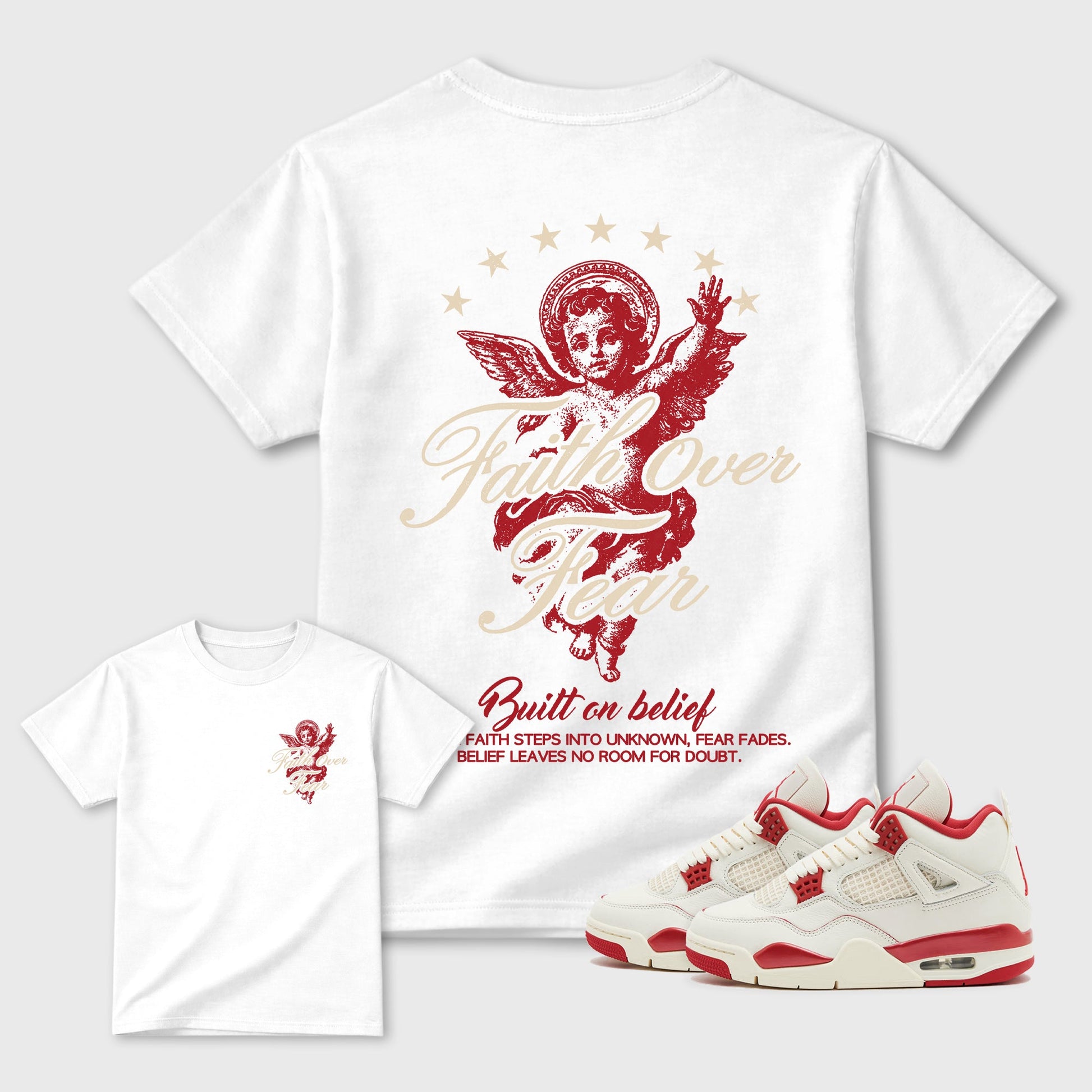 Faith Over Fear sneaker match t-shirt styled to complete your fit with the sneakers, shown in White.