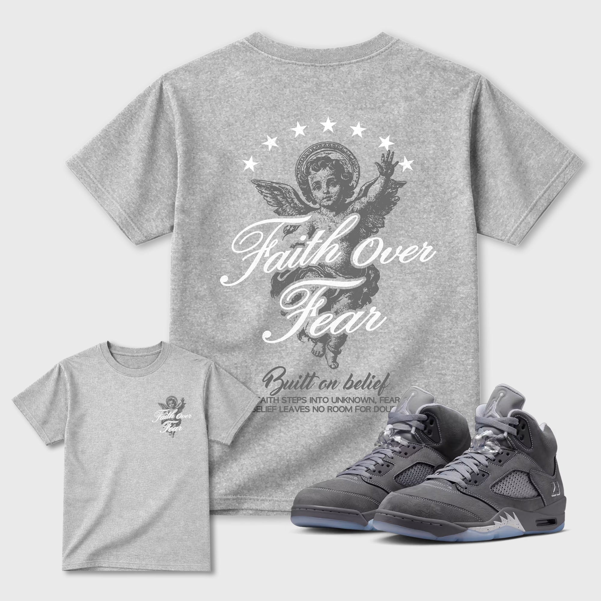Faith Over Fear sneaker match t-shirt styled to complete your fit with the sneakers, shown in Heather Grey.