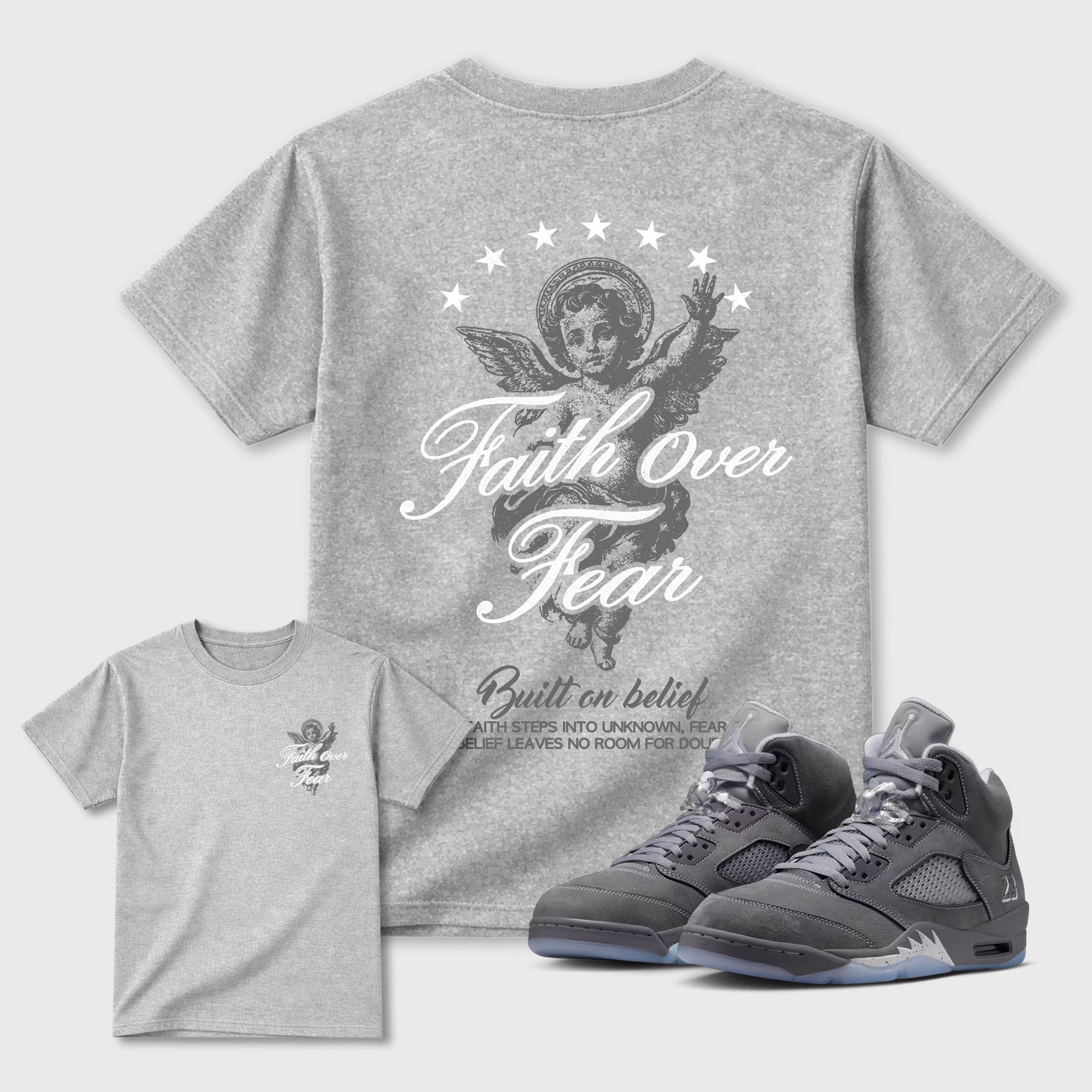 Faith Over Fear sneaker match t-shirt styled to complete your fit with the sneakers, shown in Heather Grey.