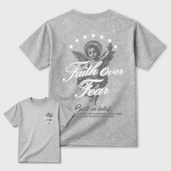 Faith Over Fear sneaker match t-shirt styled to complete your fit with the sneakers, shown in Heather Grey.