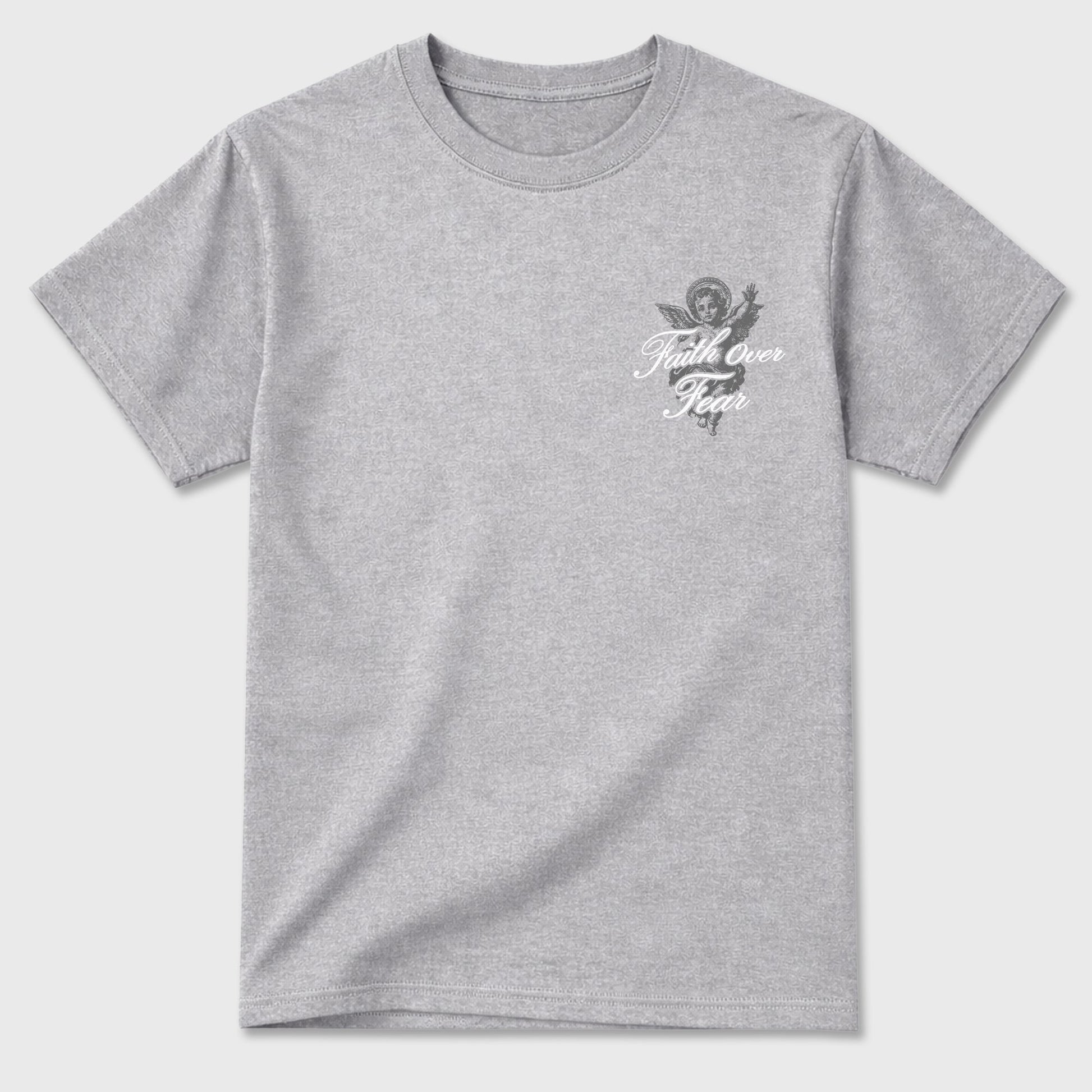 Faith Over Fear sneaker match t-shirt styled to complete your fit with the Air Jordan 5 Wolf Grey sneakers, shown in Heather Grey.