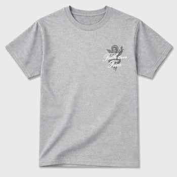 Faith Over Fear sneaker match t-shirt styled to complete your fit with the Air Jordan 5 Wolf Grey sneakers, shown in Heather Grey.