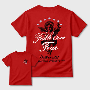 Faith Over Fear sneaker match t-shirt styled to complete your fit with the sneakers, shown in Red.