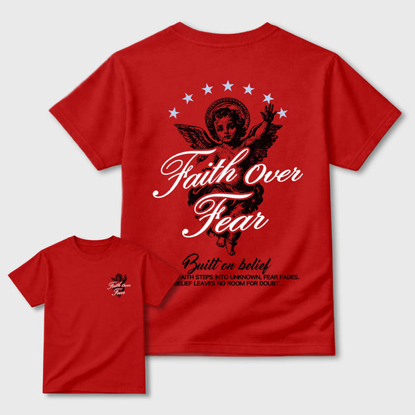 Faith Over Fear sneaker match t-shirt styled to complete your fit with the sneakers, shown in Red.