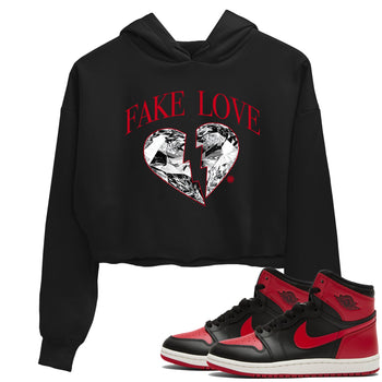 1s '85 Bred shirts to match jordans Fake Love best t shirts to wear with jordans AJ1 '85 Bred match shoes to clothes SNRT Sneaker Tees unisex cotton Black 1 crop tee