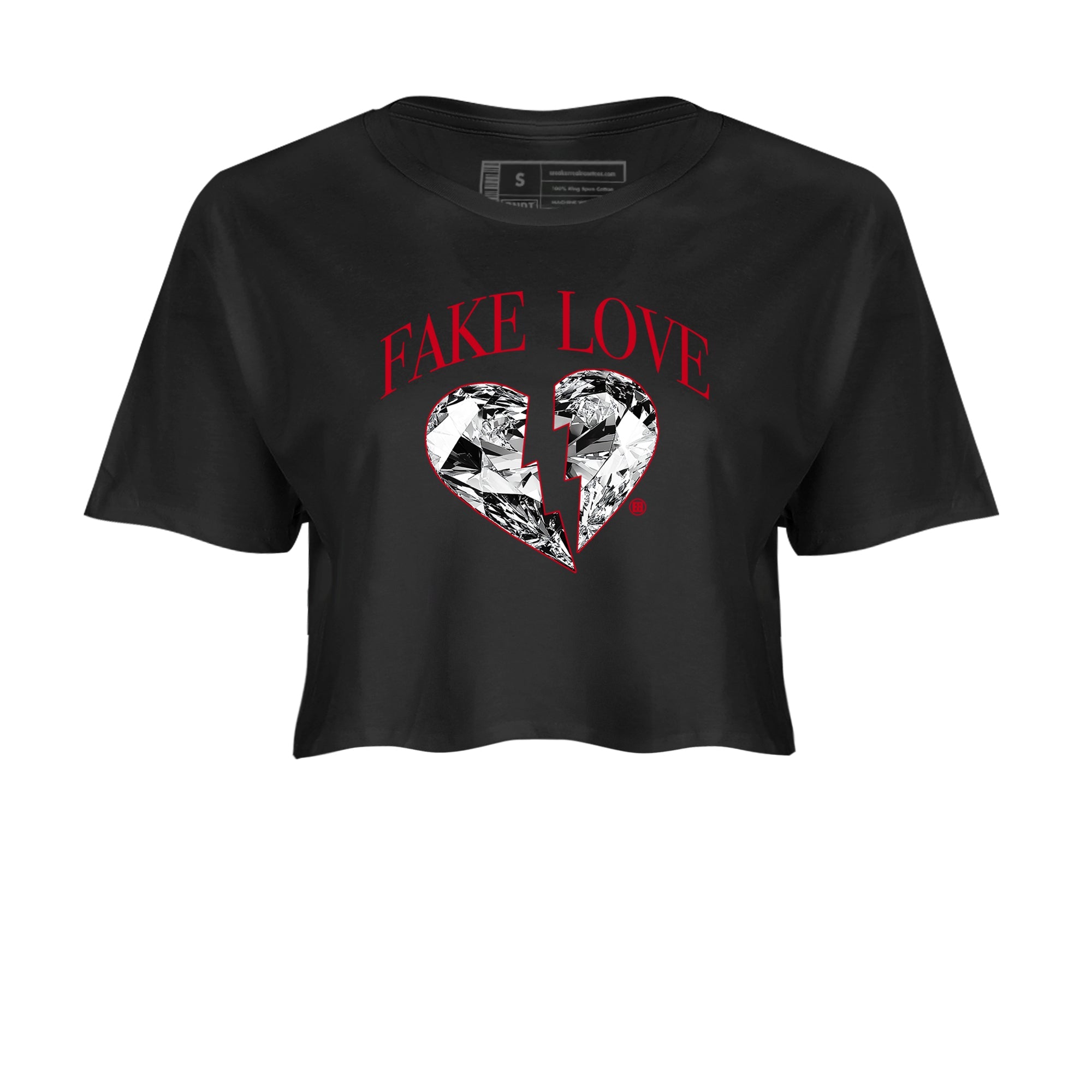 1s '85 Bred shirts to match jordans Fake Love best t shirts to wear with jordans AJ1 '85 Bred match shoes to clothes SNRT Sneaker Tees unisex cotton Black 2 crop tee