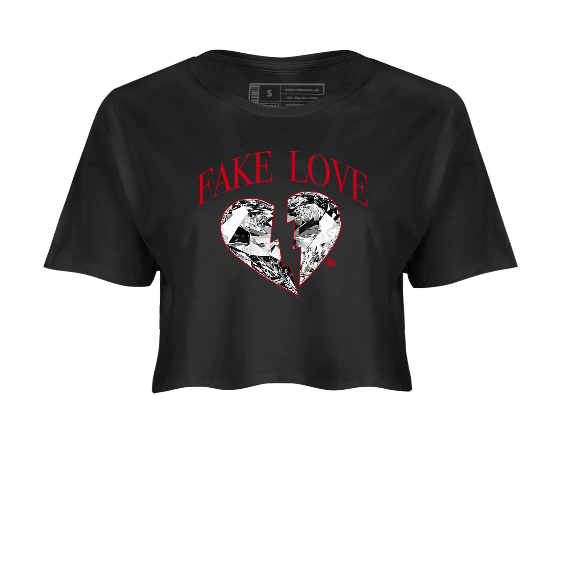 1s '85 Bred shirts to match jordans Fake Love best t shirts to wear with jordans AJ1 '85 Bred match shoes to clothes SNRT Sneaker Tees unisex cotton Black 2 crop tee