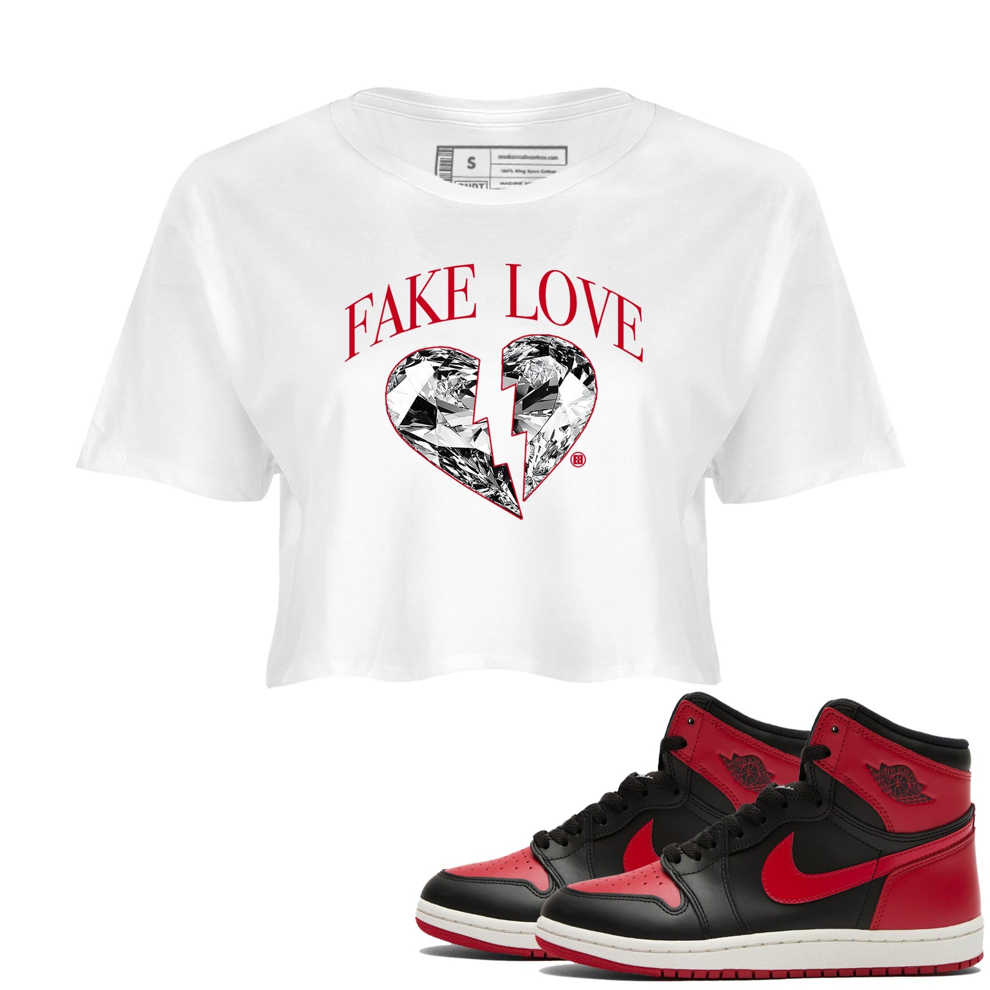 1s '85 Bred shirts to match jordans Fake Love best t shirts to wear with jordans AJ1 '85 Bred match shoes to clothes SNRT Sneaker Tees unisex cotton White 1 crop tee